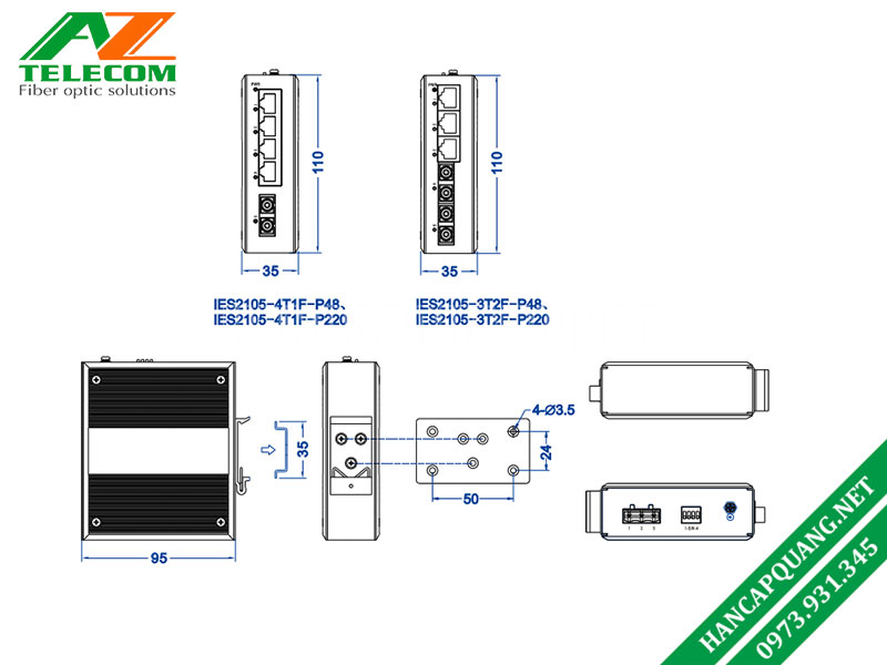 Kích thước switch công nghiệp IES2105-3T2F-P48, IES2105-3T2F-P220